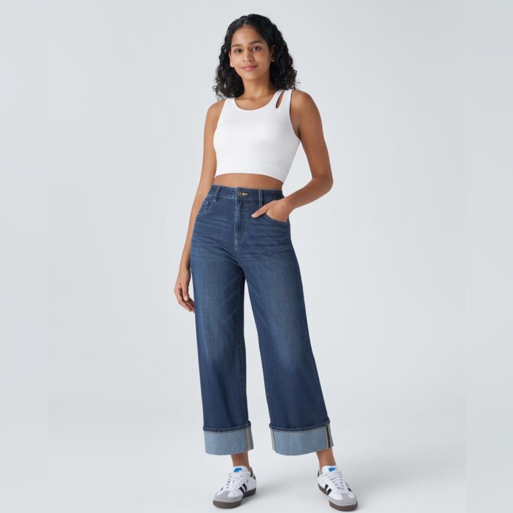 Halara Flex™ High Waisted Rolled Hem Wide Leg Stretchy Knit Casual Jeans